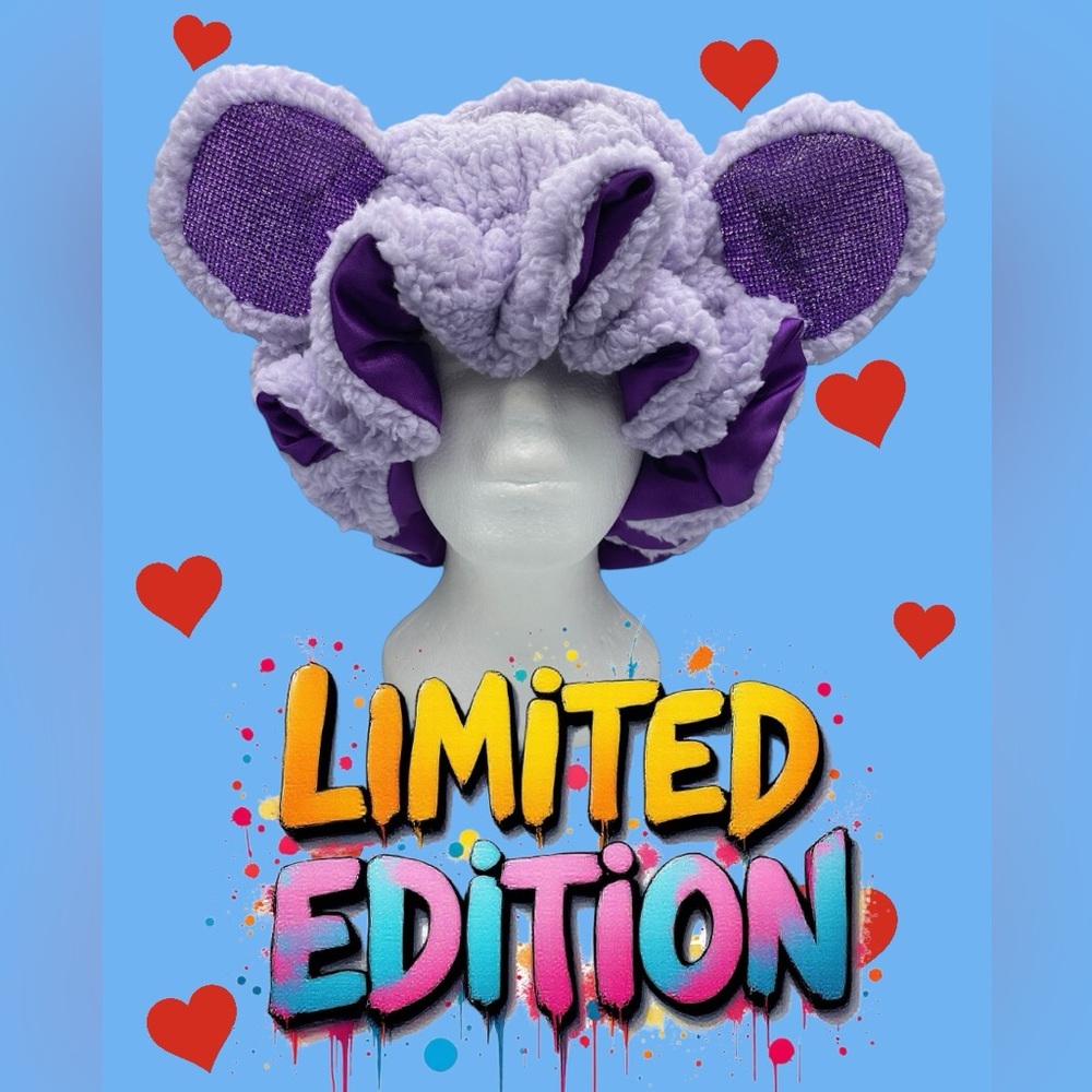 Handmade Purp Sherpa Bear Bonnet, Purple Rhinestones Ears w/ Purple Satin Lining